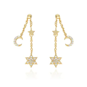 Tiny CZ Stars and Crescent Moon Chain Drop Ball Earrings