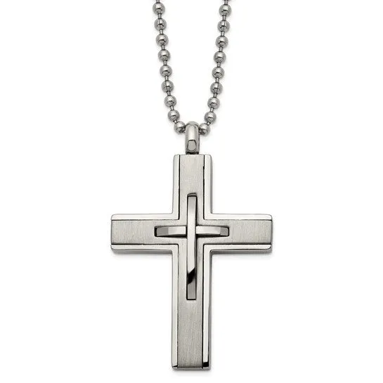 Titanium Brushed and Polished Cross 22" Necklace