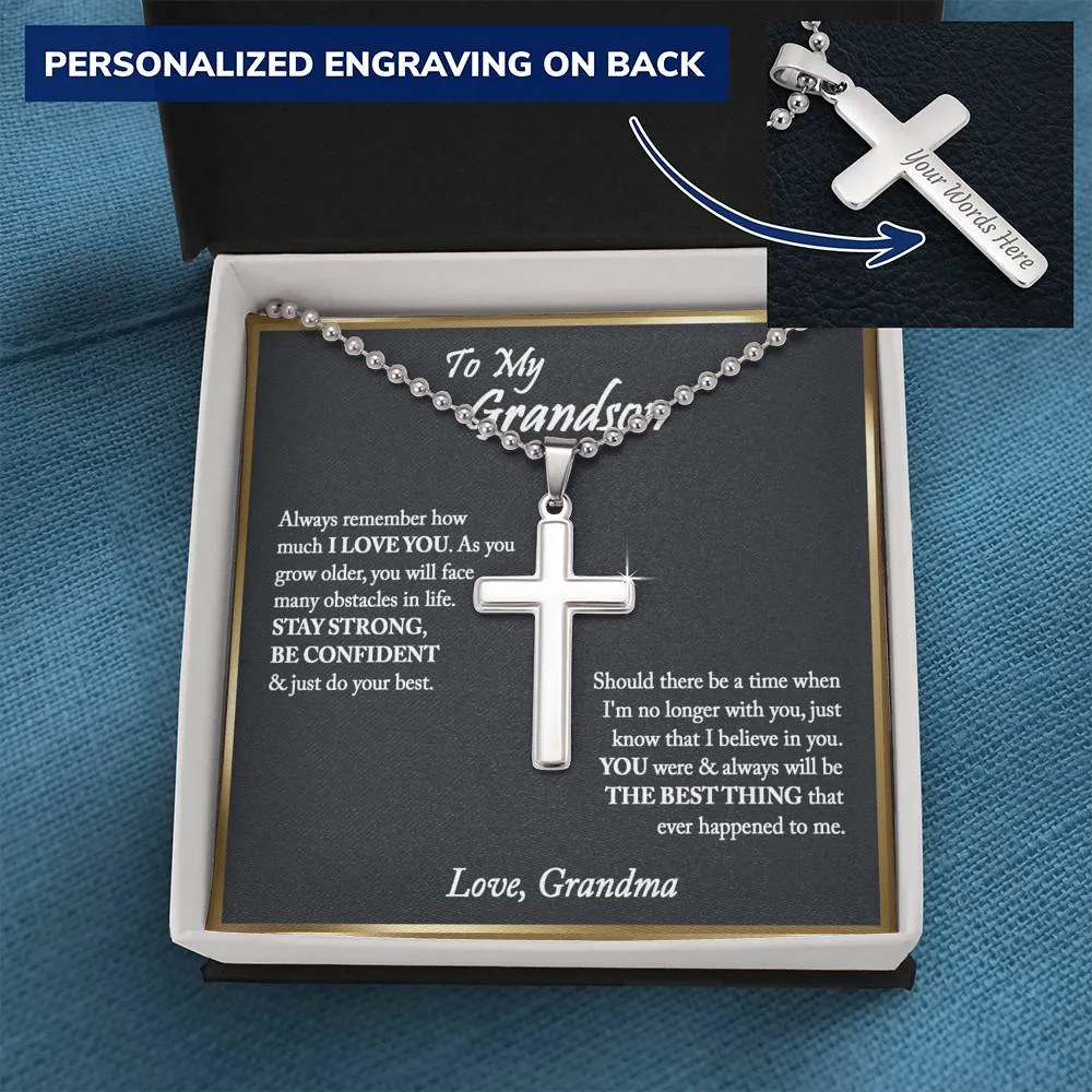 To My Grandson Cross Necklace, Gifts For Grandson From Grandma, Birthday Gift, Christmas Gift, Graduation Gift For Grandson, From Grandpa - Ball Chain