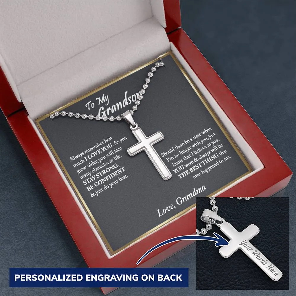 To My Grandson Cross Necklace, Gifts For Grandson From Grandma, Birthday Gift, Christmas Gift, Graduation Gift For Grandson, From Grandpa - Ball Chain