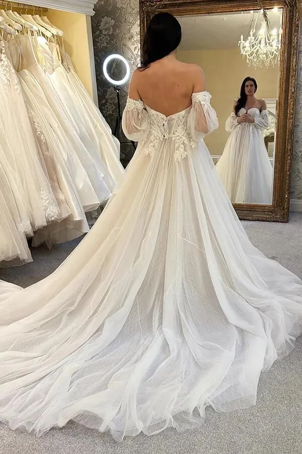 Tulle A-line Sweetheart Neck Wedding Dresses With Balloon Sleeves, MW949