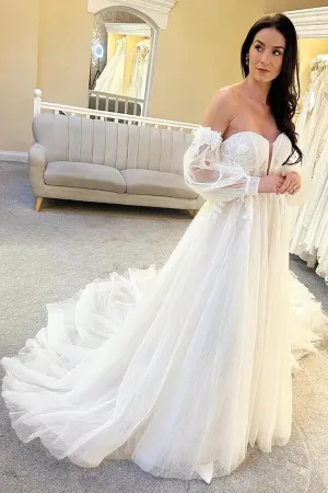 Tulle A-line Sweetheart Neck Wedding Dresses With Balloon Sleeves, MW949