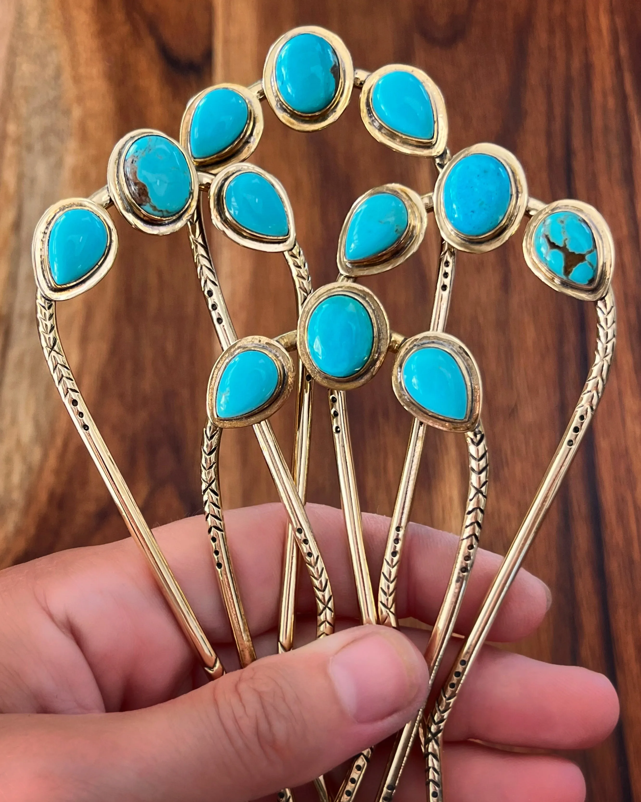 Turquoise hair fork in brass
