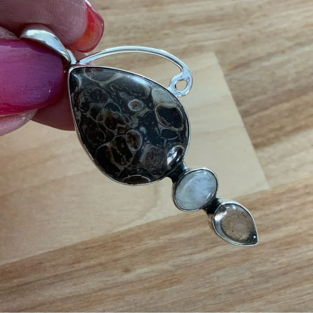 Turtella Jasper Moonstone & Smoky Topaz Solid 925 Sterling Silver Pendant