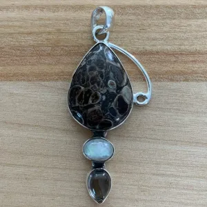 Turtella Jasper Moonstone & Smoky Topaz Solid 925 Sterling Silver Pendant