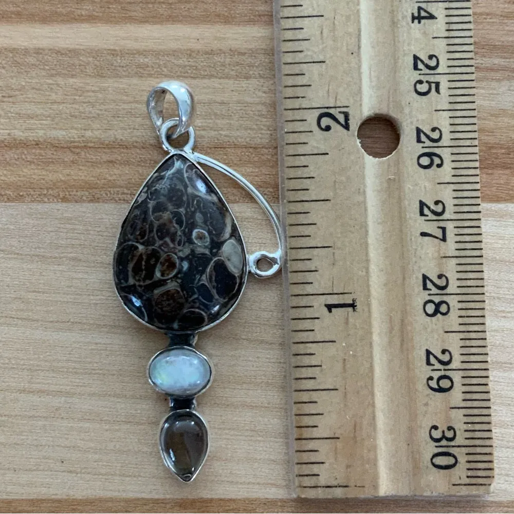 Turtella Jasper Moonstone & Smoky Topaz Solid 925 Sterling Silver Pendant