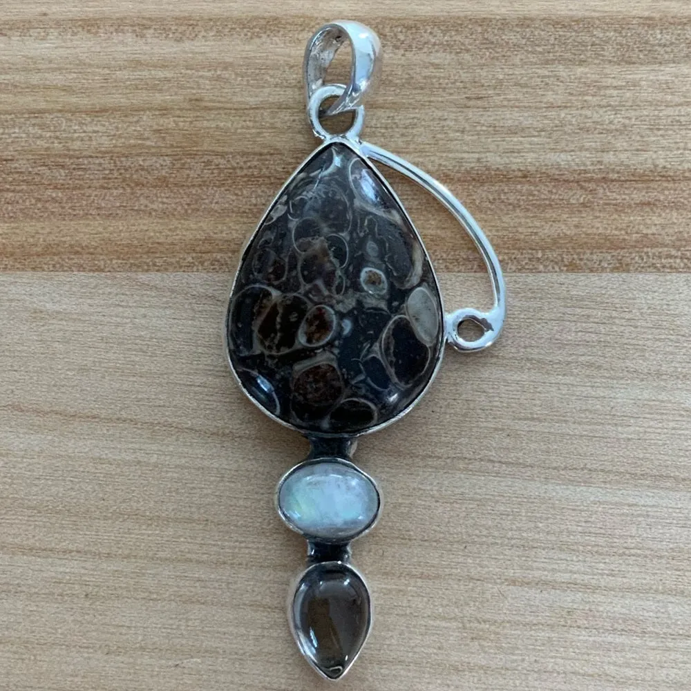 Turtella Jasper Moonstone & Smoky Topaz Solid 925 Sterling Silver Pendant