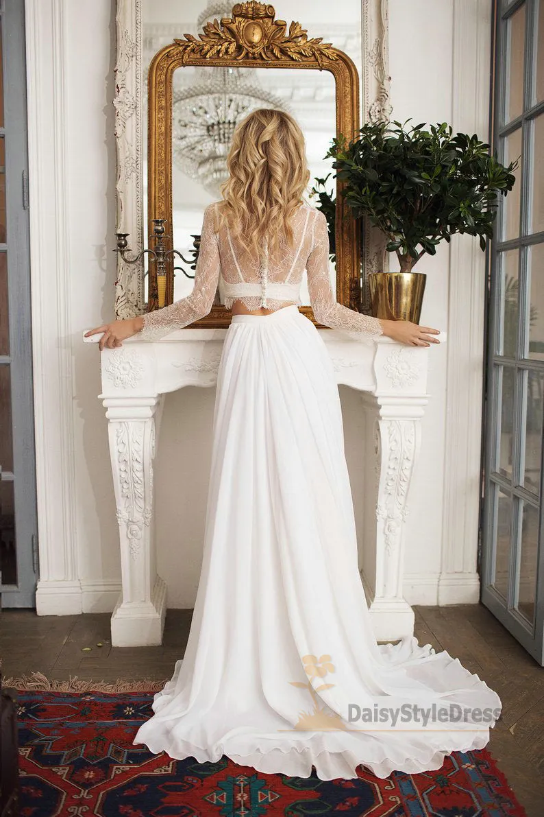 Two Piece Long Sleeve Lace Informal Boho Wedding Dress