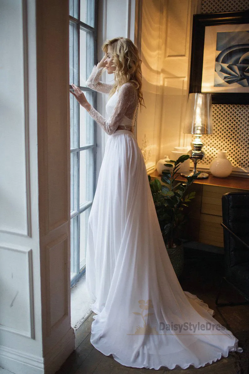 Two Piece Long Sleeve Lace Informal Boho Wedding Dress