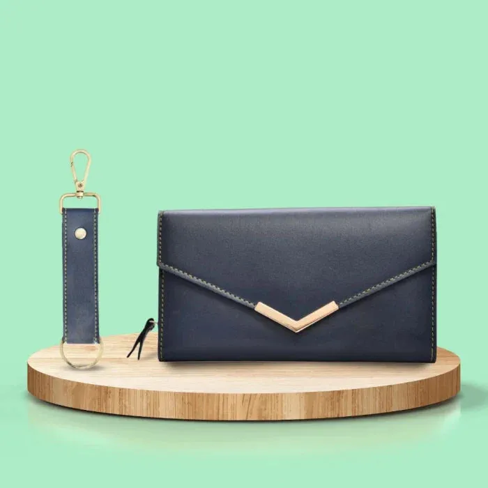 Vegan Leather Lady Wallet and Keychain - Blue