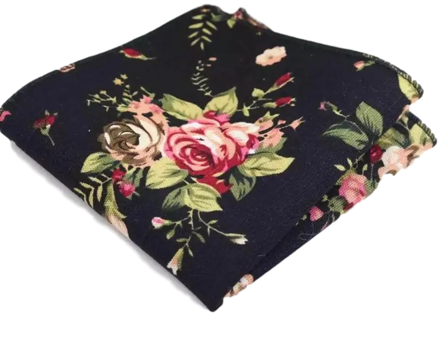Vesper Black Floral Cotton Pocket Square