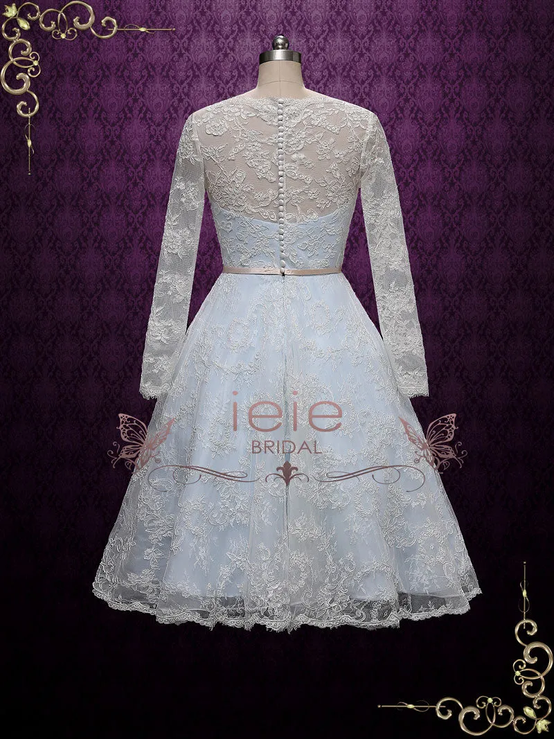 Vintage Inspired Blue Tea Length Lace Wedding Dress with Sleeves MAYA