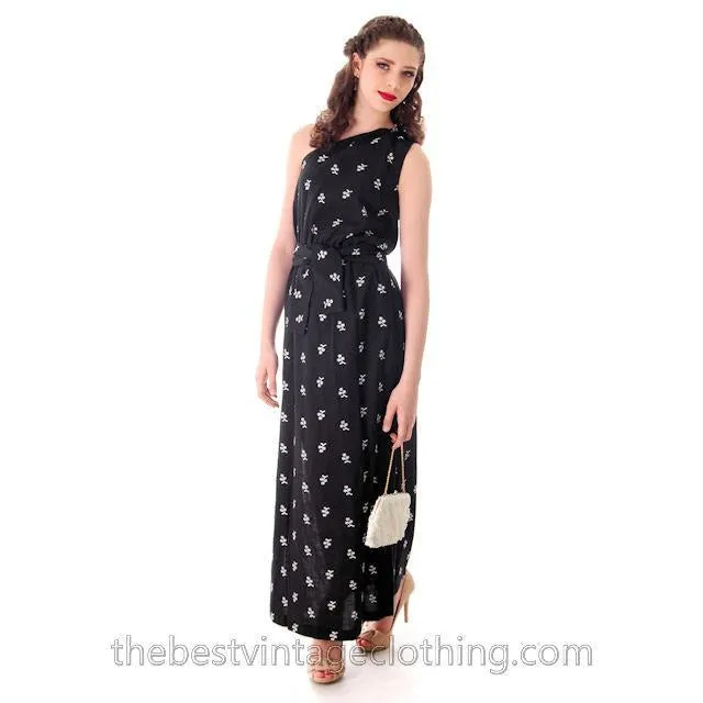 Vintage Linen One-Shoulder Maxi Gown Black & White Embroidery 1960s Small