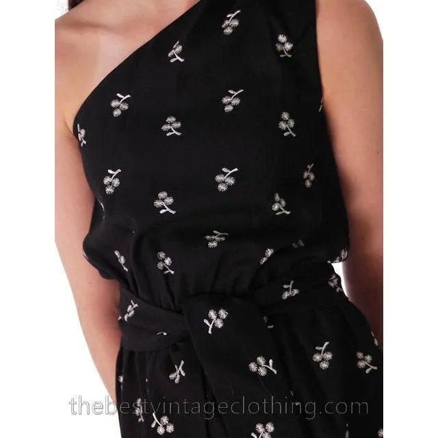 Vintage Linen One-Shoulder Maxi Gown Black & White Embroidery 1960s Small