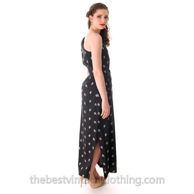 Vintage Linen One-Shoulder Maxi Gown Black & White Embroidery 1960s Small