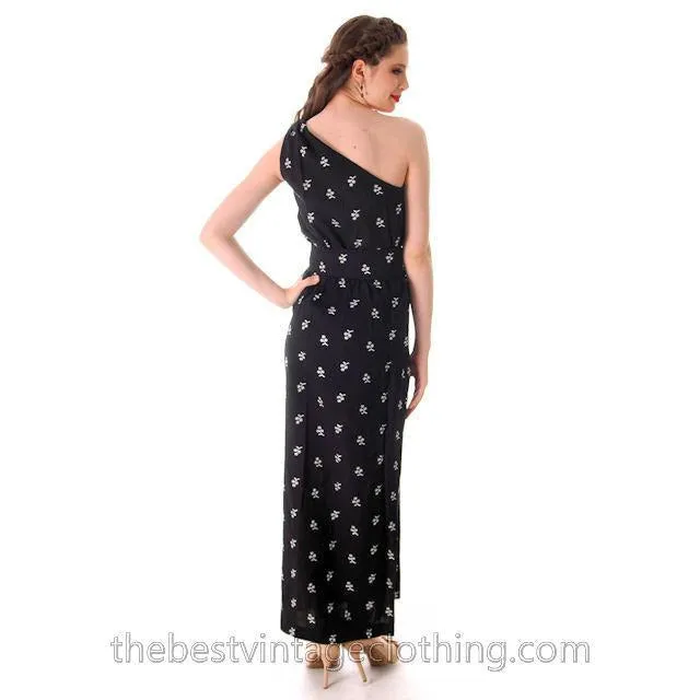 Vintage Linen One-Shoulder Maxi Gown Black & White Embroidery 1960s Small