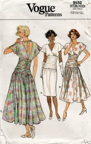 Vogue 9550 Womens V Back Flutter Sleeved Dress with Ruched Midriff 1980s Vintage Sewing Pattern Size 12 Bust 34 inches