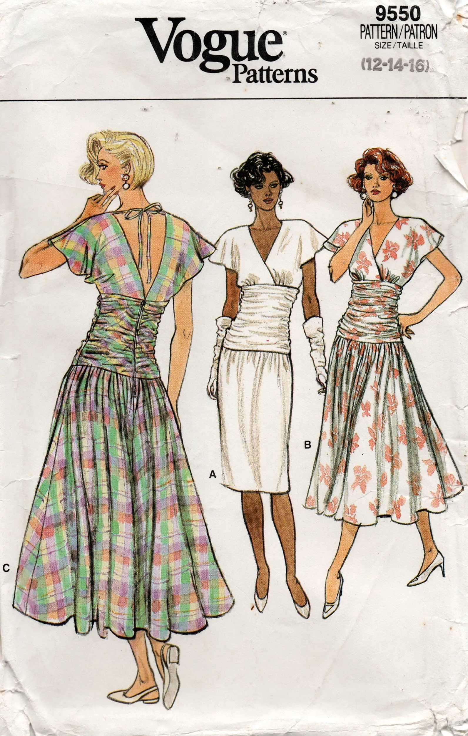 Vogue 9550 Womens V Back Flutter Sleeved Dress with Ruched Midriff 1980s Vintage Sewing Pattern Size 12 Bust 34 inches