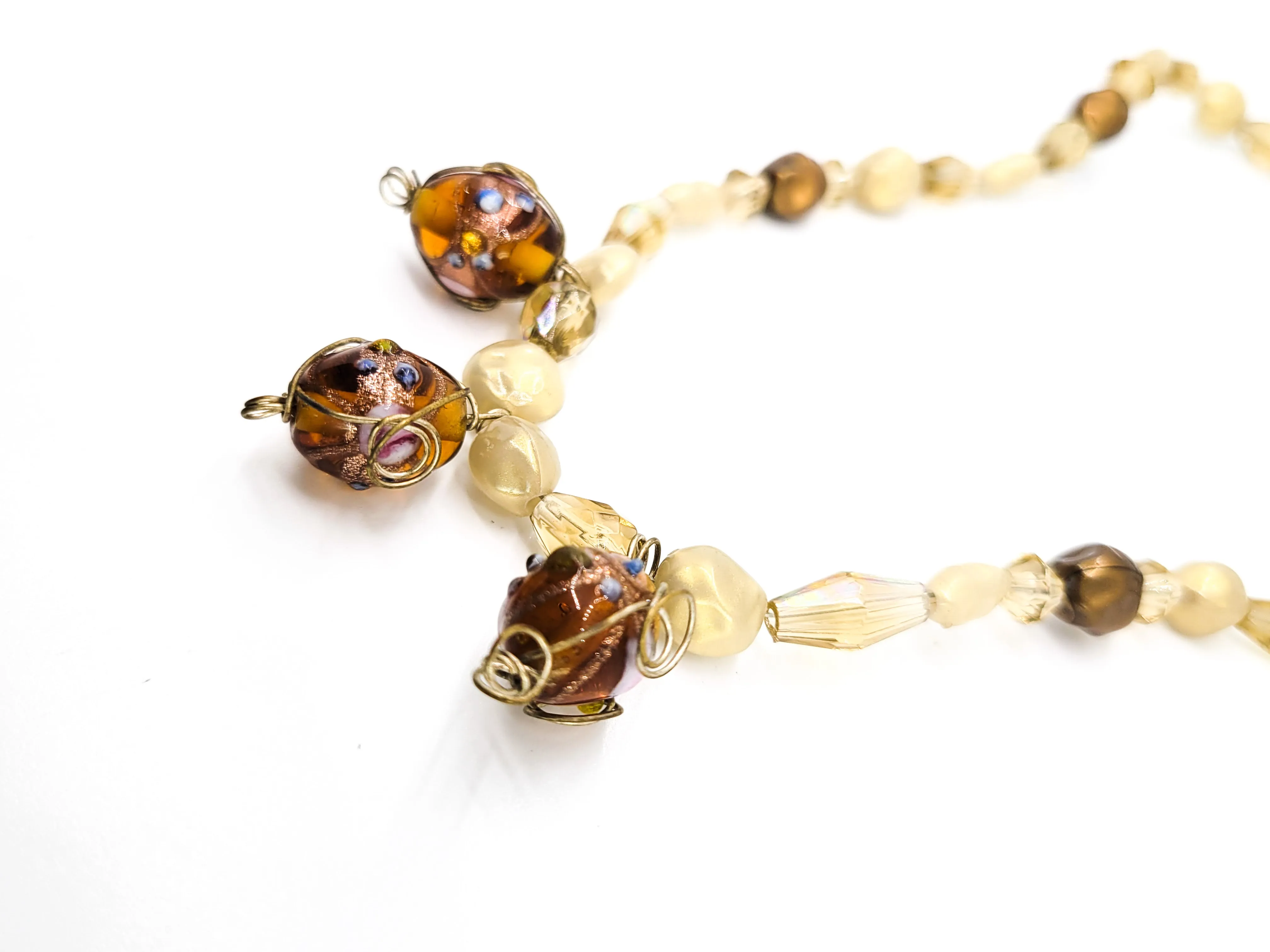 Wedding cake Venetian lamp work artisan faux pearl amber necklace