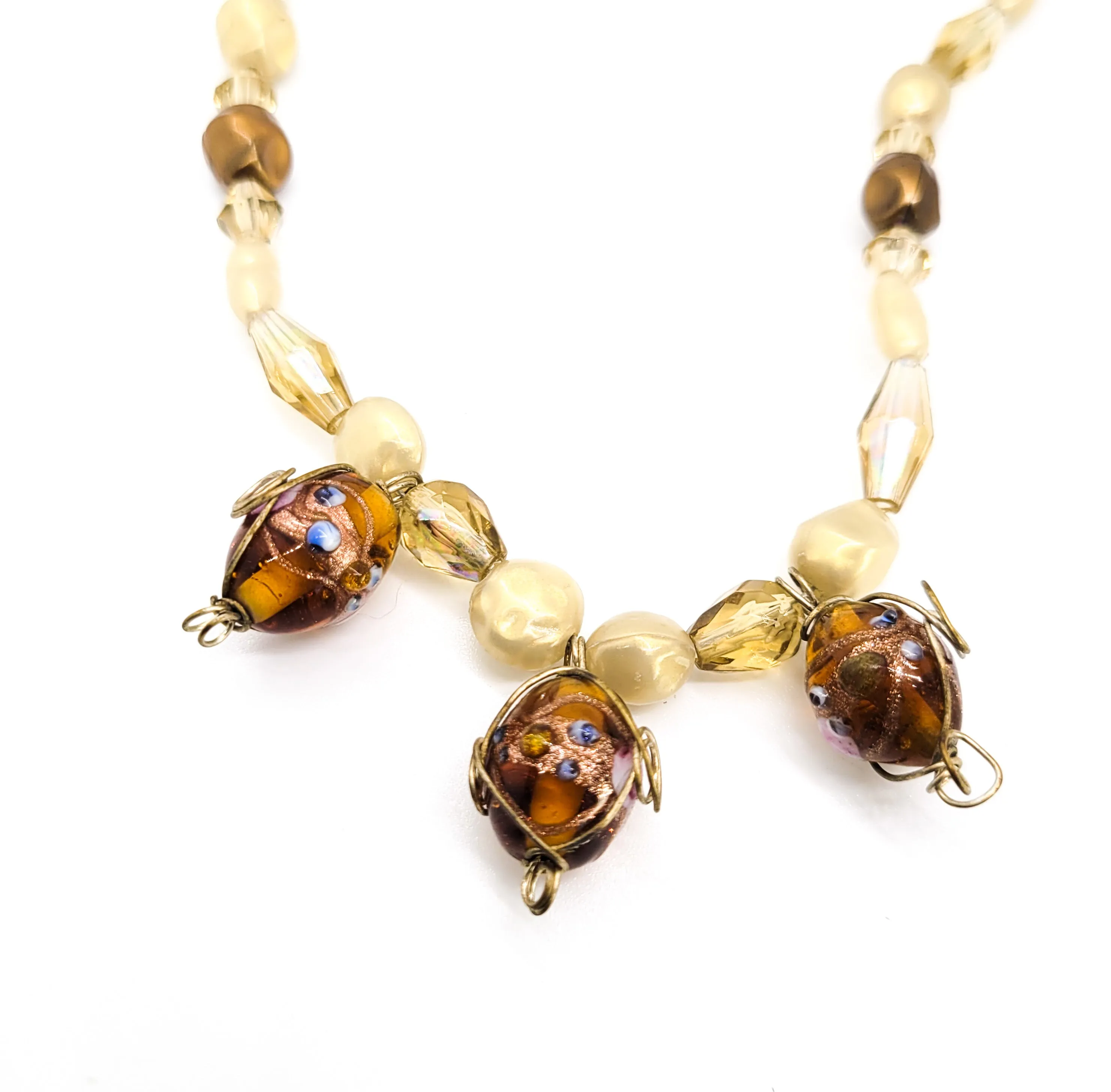 Wedding cake Venetian lamp work artisan faux pearl amber necklace