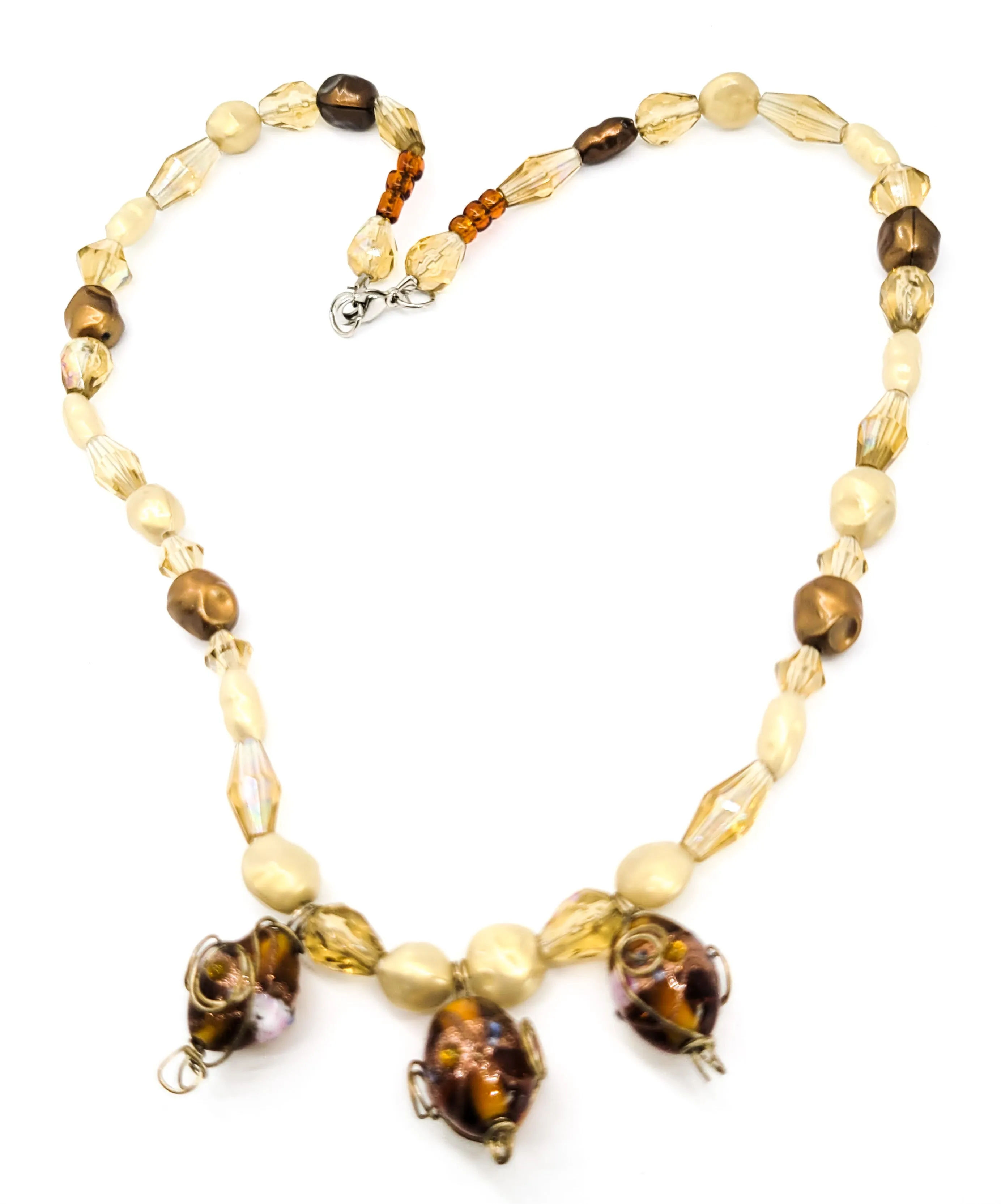 Wedding cake Venetian lamp work artisan faux pearl amber necklace