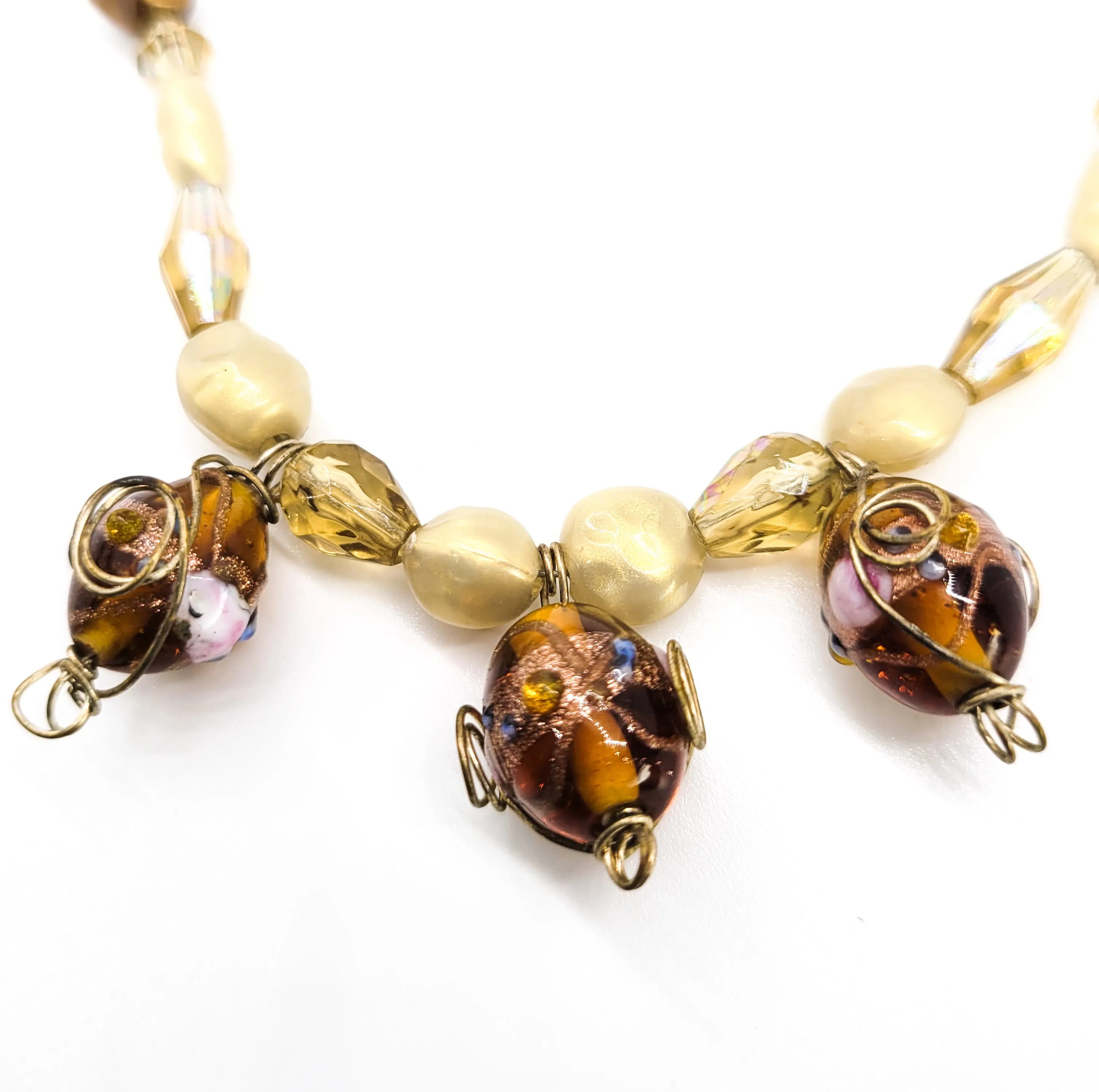 Wedding cake Venetian lamp work artisan faux pearl amber necklace