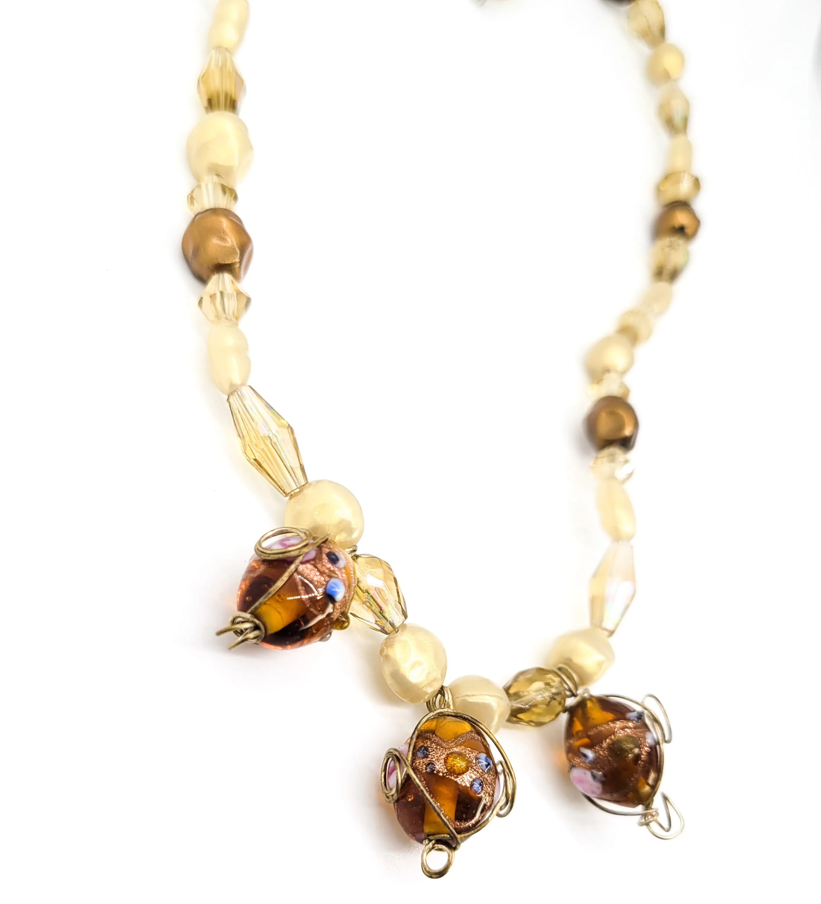 Wedding cake Venetian lamp work artisan faux pearl amber necklace