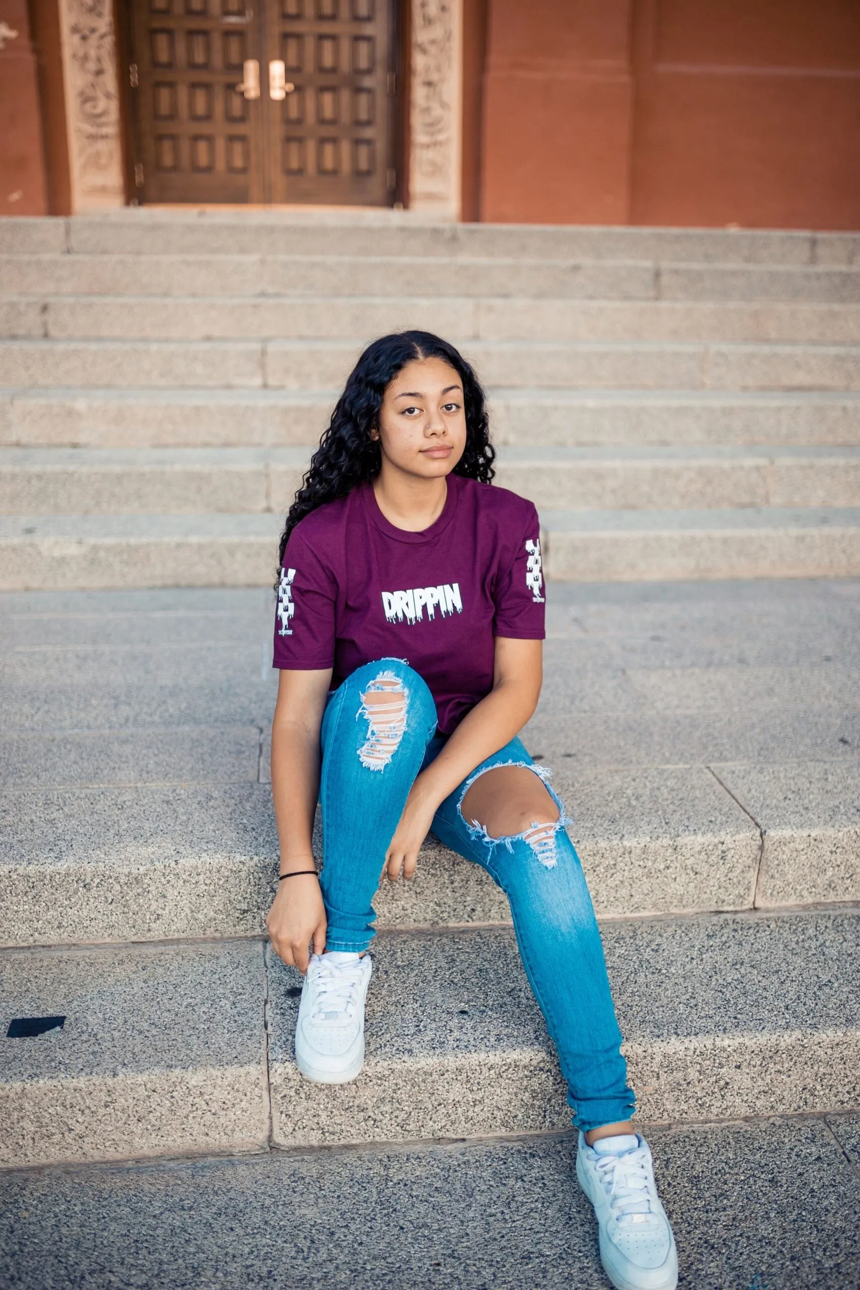 White Drippin (S) | Maroon Tee (Solid Checkered Drippin Sleeve)