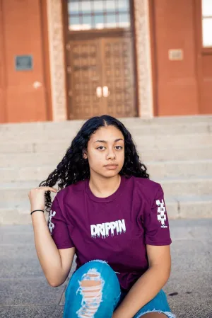 White Drippin (S) | Maroon Tee (Solid Checkered Drippin Sleeve)