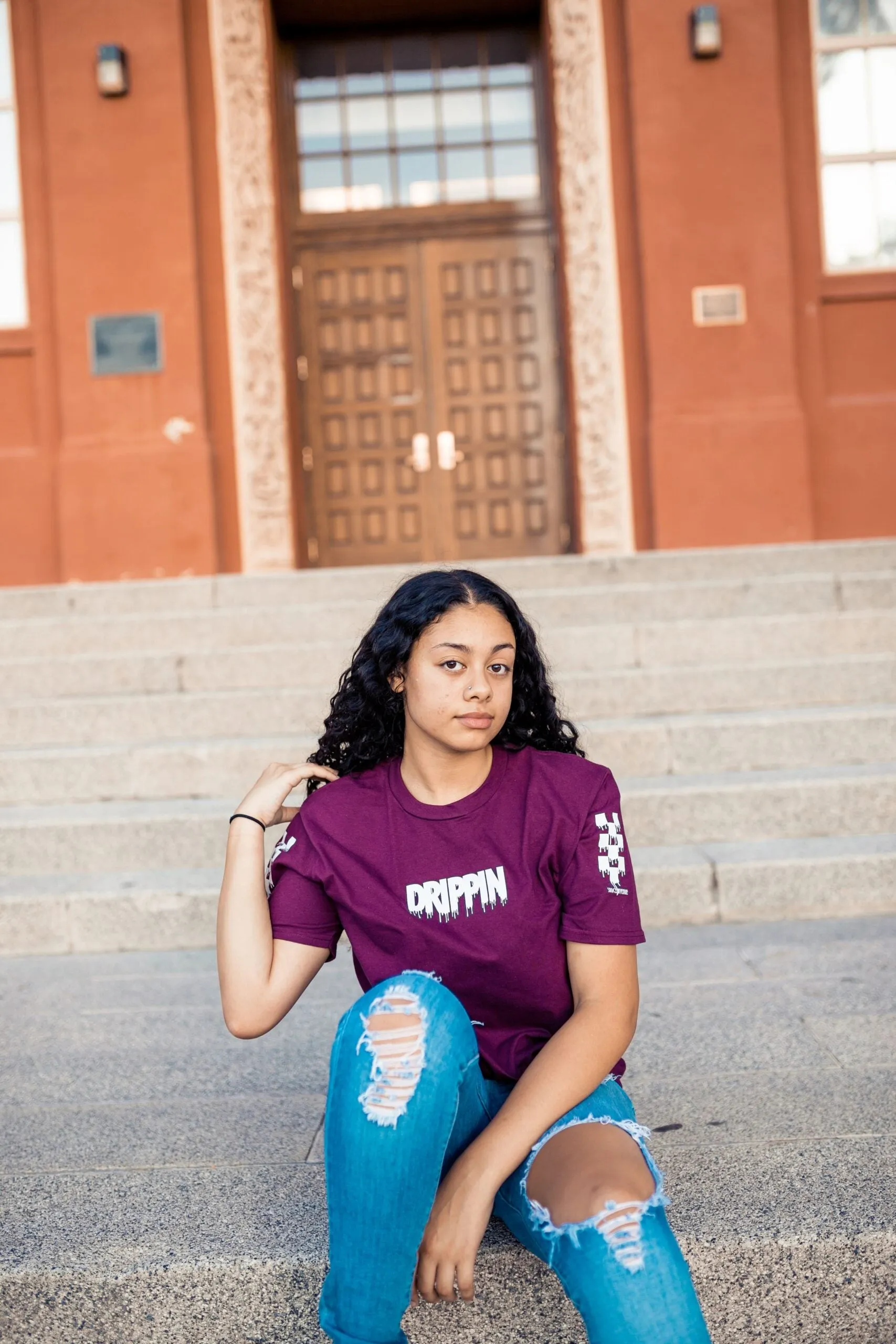 White Drippin (S) | Maroon Tee (Solid Checkered Drippin Sleeve)