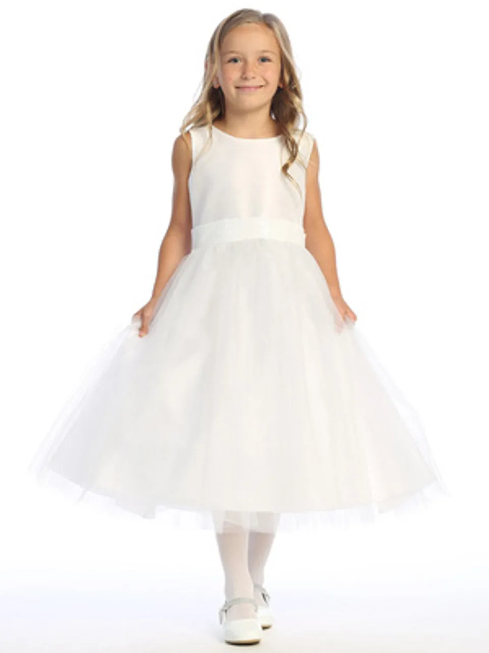 White Shantung and Sparkle Tulle Dress with Sequin Sash - BL255-WHT