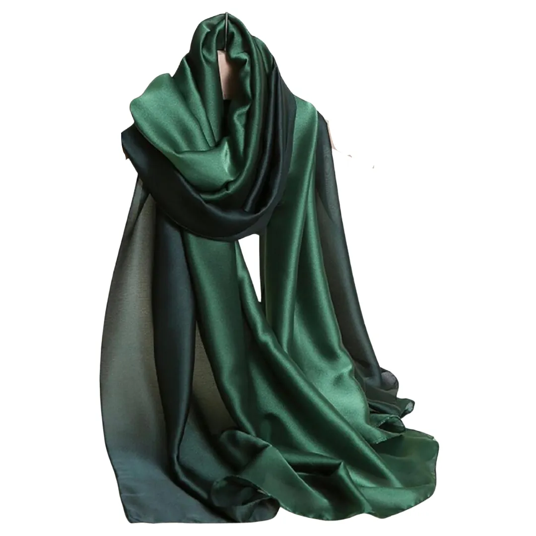 Wide Charmeuse Satin Scarf - Dark Green Ombre