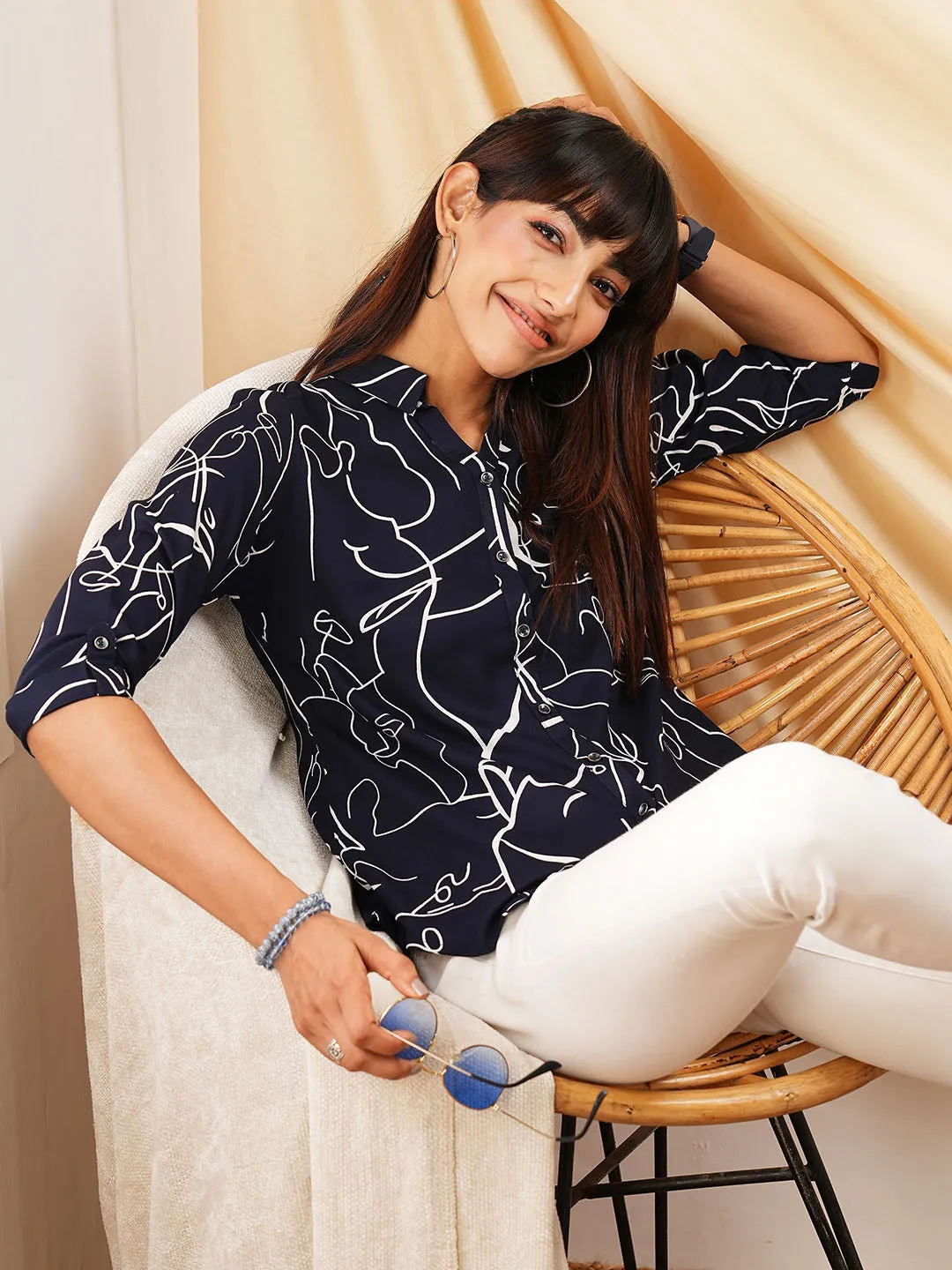 Women Navy Blue Shirt - Ladies Cotton Comfort Fit Shirt - Zola