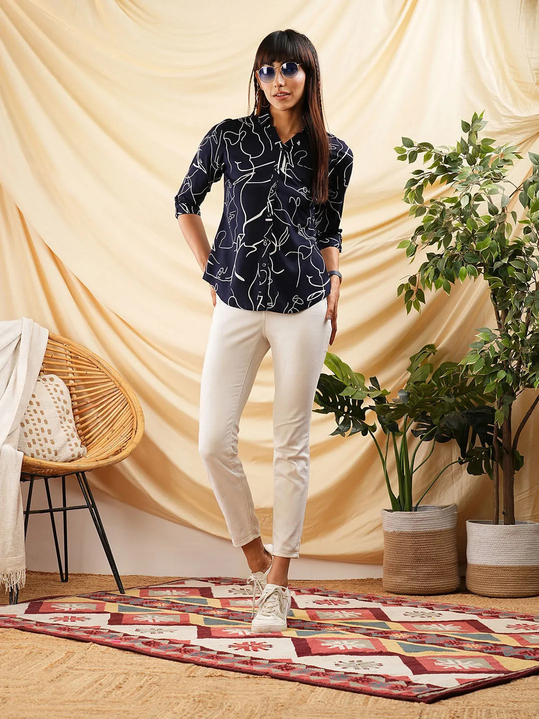 Women Navy Blue Shirt - Ladies Cotton Comfort Fit Shirt - Zola
