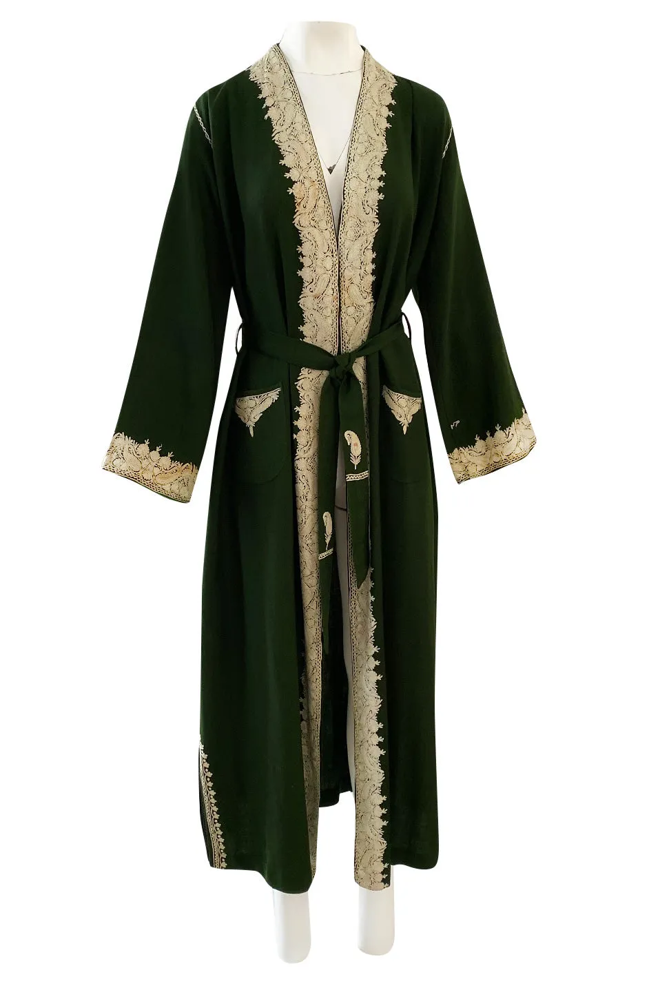 Wonderful 1920s Antique Hand Embroidered Crewel Deep Forest Green Wrap Robe or Coat