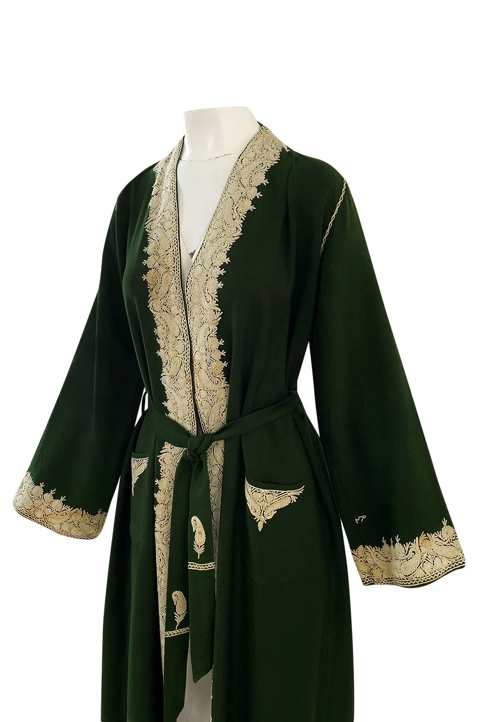 Wonderful 1920s Antique Hand Embroidered Crewel Deep Forest Green Wrap Robe or Coat