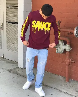 Yellow Sauce | Maroon Long Sleeve Tee (Solid Checkered Drippin Sleeves)
