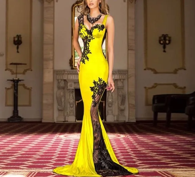 Yellow Spandex New Long Appliques Sexy Sweetheart Illusion Back Dubai Arabic Saudi Arabian Evening Prom Dress Custom Made Plus