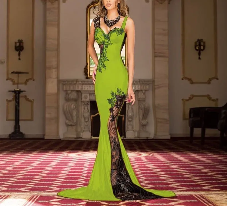 Yellow Spandex New Long Appliques Sexy Sweetheart Illusion Back Dubai Arabic Saudi Arabian Evening Prom Dress Custom Made Plus